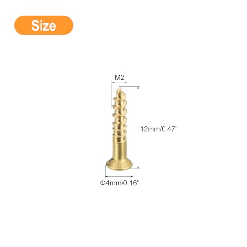 uxcell Brass Wood Screws, 30Pcs M2 x 12mm Slotted Drive Flat Head Self Tapping Screw Countersunk for Woodworking Furniture - size: M2 x 12mm
