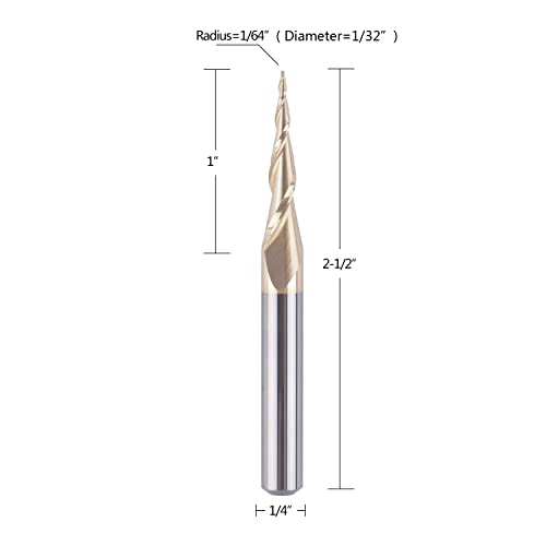 SpeTool Tapered Ball Nose End Mill 1/4" Shank with 1/64" Cutting Radius for 3D Carving Engraving Router Bit, ZrN Coated - size: Dia.=1/32