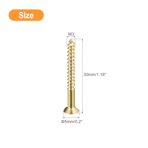 uxcell Brass Wood Screws, 30Pcs M3 x 30mm Slotted Drive Flat Head Self Tapping Screw Countersunk for Woodworking Furniture - size: M3 x 30mm