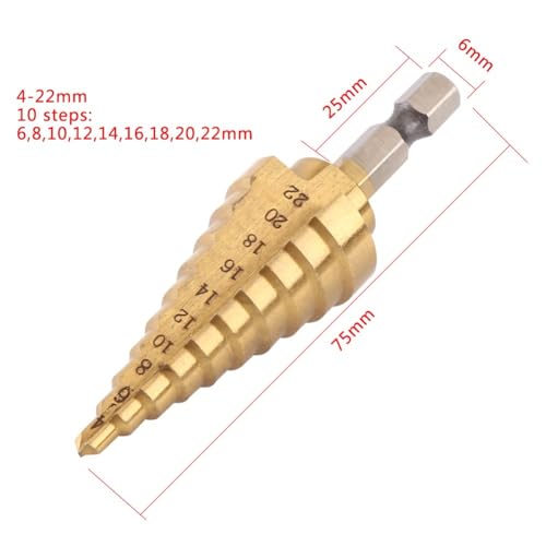 HSS 4241 Titanium Coated Step Drill Bit,1/4 Inch Hex Shank Hole Cutter,4-22mm/4-20mm for Thin Metal,Aluminum,PVC,Wood(4-22Bit) - size: 4-22Bit