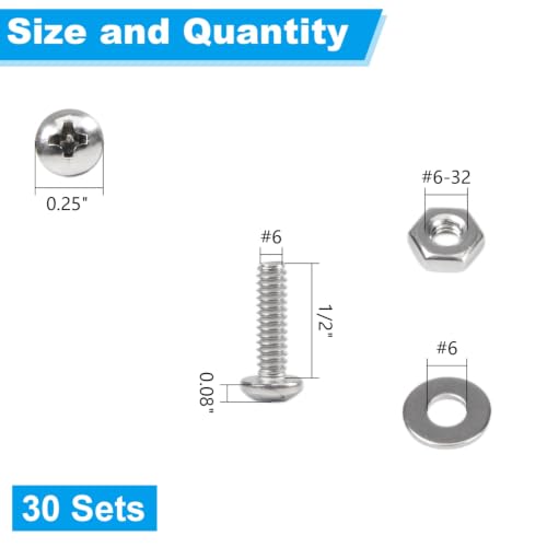 30 Sets #6-32 x 1/2" Pan Head Machine Screws Nuts Washers Kit - size: #6-32 x 1/2"