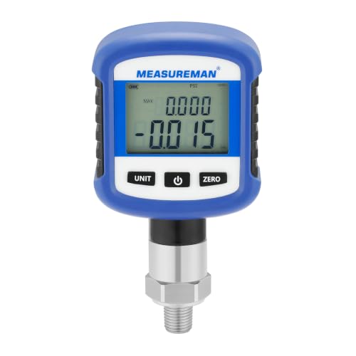 MEASUREMAN Digital Industrial Pressure Gauge -15psi-0, 0.2% FS, 1/4''NPT Lower, Stainless Steel Connection, Battery Powered, with LED Light, Blue Tooth, Phone Connect - size: -15psi-0