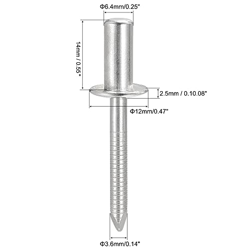 uxcell Blind Rivets, 304 Stainless Steel Pull Rivets Core Decoration Rivets 6.4mm Diameter 14mm Grip Length Close End Silver Tone, 25pcs - size: 6.4mm x 14mm