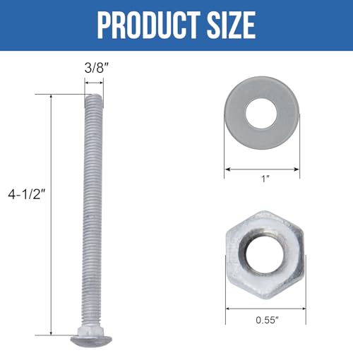 3/8" x 4-1/2" Carriage Bolts (25 PCS), Hot Dip Galvanized, Heavy Duty Round Head with Washers and Nuts - size: 3/8" x 4-1/2"