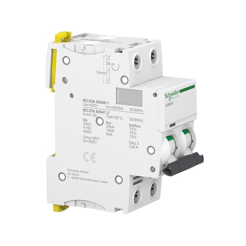 Schneider Electric A9F74220 IC60N Circuit Breaker, Acti9, 2P, 20A, Curvature C, 50/60 Hz, White