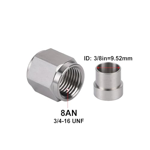 8AN Hardline Stainless Steel Tube Nut and 3/8 Sleeve Fitting for 3/8" OD Tubing, 2 Sets - size: 8AN-3/8", 2 Sets