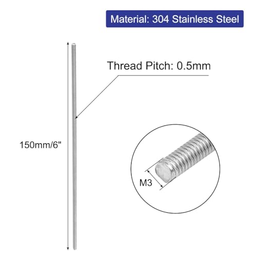 uxcell a16071500ux0035 M3 x 150mm 0.5mm Pitch 304 Stainless Steel Fully Threaded Rods Fasteners (Pack of 10) - size: M3 x 150mm