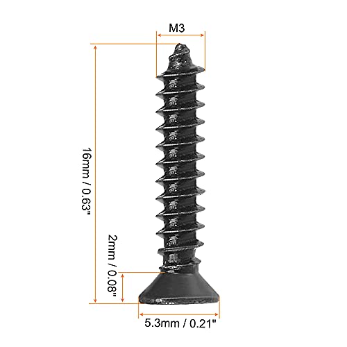 uxcell M3 x 16mm Wood Screws Phillips Flat Head Carbon Steel Self Tapping Screws Black 200pcs - size: M3 x 16mm