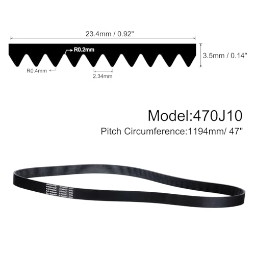 uxcell 470J10 PJ V-Ribbed Belt 10 Ribs 47" Length x 0.92" Width x 0.14" Height, EPDM Rubber Poly V Belt, Multi Wedge Micro V Belt - size: 470J10