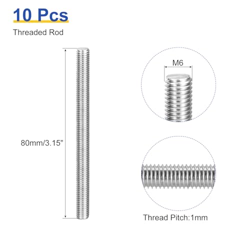uxcell 10Pcs M6 x 80mm Fully Threaded Rod 304 Stainless Steel Right Hand Threads Bar Studs for Anchors Bolts, Clamps, Hangers and U-Bolts, 1 Thread Pitch - size: M6 x 80mm