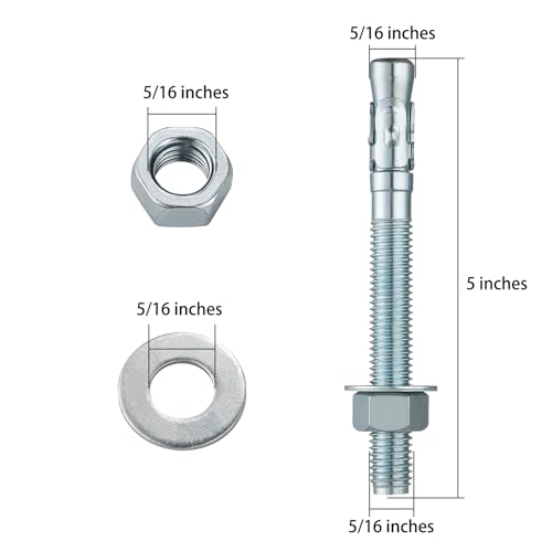 Wensilon 5/16x5" 10Pcs Inch Standard Fasteners for Heavy-Duty Zinc Wedge Anchors for Cement and Concrete - size: 5/16x5"