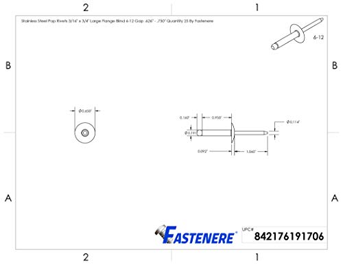 Fastenere Large Flange Pop Rivets - 3/16" x 3/4" (25 Pack) Heavy Duty, Stainless Steel Blind Rivets, Open End 6-12 Grip Range .626" - .750", Corrosion Resistant, High Tensile & Shear Strength - size: 3/16" x 3/4" (6-12) (25 Pack)