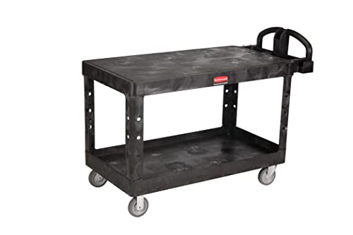 Rubbermaid Commercial Products 2-Shelf Utility/Service Cart, Large, Black, Flat Shelves, Ergonomic Handle, for Warehouse/Garage/Cleaning/Manufacturing - size: Large 2-Shelf, style: Ergonomic Handle