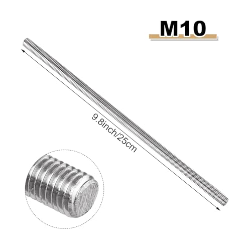 10 Pack M10 x 250mm Fully Threaded Rods, 304 Stainless Steel Threaded Rod, M10-1.5 Threaded Rod Bars Studs, Right Hand Threads, fits for Anchor Bolts, Clamps, Hangers, U-Bolts (2/5" x 10")