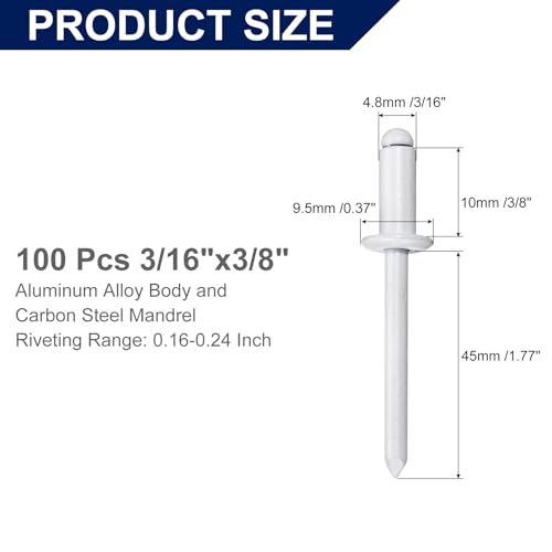 uxcell 100Pcs 3/16" x3/8" Aluminum Blind Rivets, Aluminum Grip and Steel Mandrel, Dome Head Long Split Rivets for Metal, Furniture, Automotive, White - color: White, size: 3/16"x3/8"
