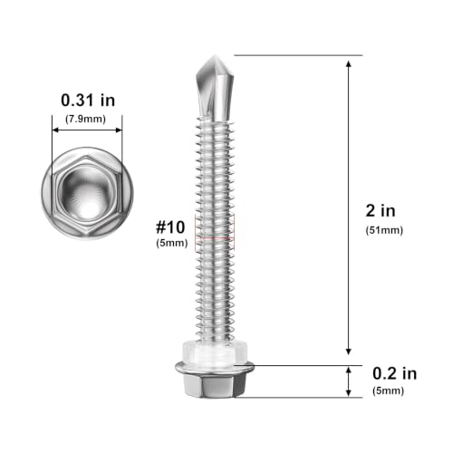 Wensilon (100Pcs) #10×2" Hex Washer Head Self Drilling Screws, 410 Stainless Steel Metal SheetScrews,TEK Screws, Sheet Metal Self Tapping Screws - color: Silver, size: #10x2"