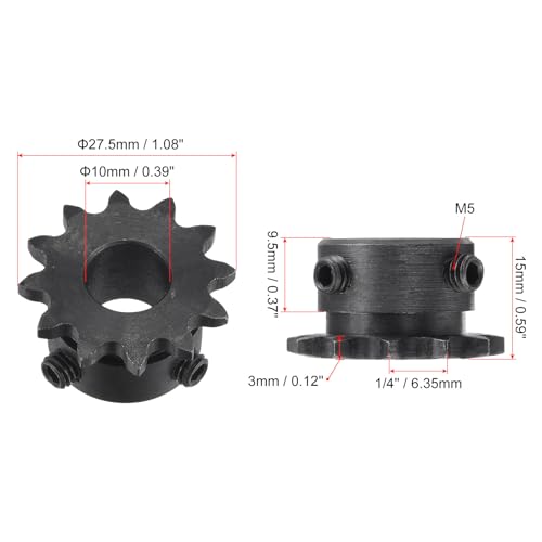 uxcell #25 Chain Roller Sprocket, 10mm Bore 1/4" Pitch 12 Tooth Single Strand Chain Sprocket, C45 Carbon Steel 25 Roller Chain Sprocket with Set Screws for ISO 04C Chain, 2Pcs - size: 27.5mmx10mm
