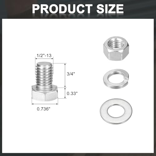 uxcell 20Set Hex Head Screw Bolt, 1/2-13 x 3/4" 304 Stainless Steel Fully Threaded Screw Bolt with Nuts, Flat & Lock Washers, Silver - size: 1/2-13 x 3/4"