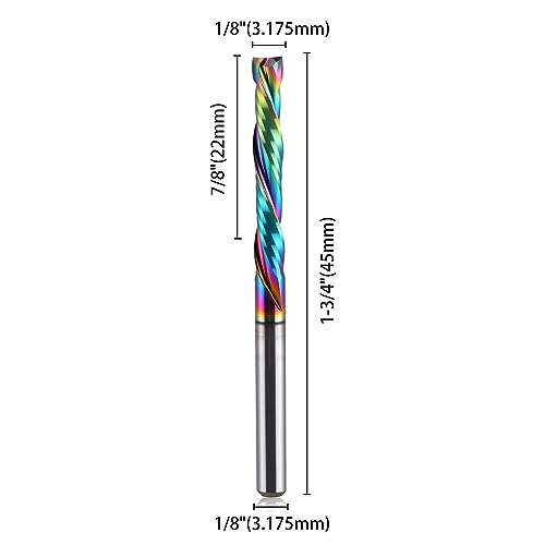 1/8 inch Shank Compression CNC Router Bits Spiral End Mill Wood Cutters 10 PCS, DLC Coating Compression CNC Spiral Bits 1/8 Cutting Dia, 22mm CEL, 2 Flutes Up &Down Cut Carbide End Mills - style: 3.175mm Shank-3.175mm Cutting Dia-22mm CEL compression CNC