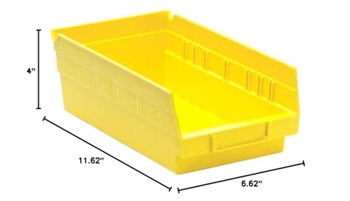 Quantum Storage QSB102 Heavy-Duty Nesting Plastic Shelf Bins for Pharmacy, Hospital & Warehouse, Hanging Lip & 7 Divider Slots, 11-5/8" x 6-5/8" x 4", Yellow, 30-Pack