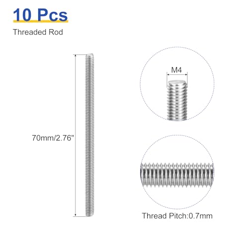 uxcell 10Pcs M4 x 70mm Fully Threaded Rod 304 Stainless Steel Right Hand Threads Bar Studs for Anchors Bolts, Clamps, Hangers and U-Bolts, 0.7 Thread Pitch - size: M4 x 70mm