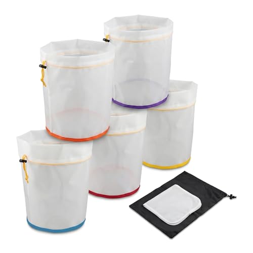 5 Gallon Nylon Mesh Filter Bags, 5-Pack 25, 73, 120, 160 & 220 Micron Reusable Strainer Bags with Drawstring, Color-Coded for Hydroponics, Gardening, Brewing & Liquid Filtration