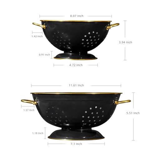 Metal Colander 2 Pack, 3.5 Quart Powder Coated Self-draining Solid Ring Base Metal Large Kitchen Pasta Vegetable Fruit Strainer with Handle (L-BLACK) - color: L-BLACK