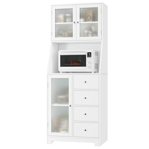 BOTLOG 64'' Kitchen Pantry Storage Cabinet, Tall Kitchen Storage Cabinet with Microwave Stand, Hutch Cabinet with Adjustable Shelves, for Dining Room (White) - color: White