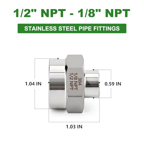 TAISHER 2PCS Forging of 304 SS Hex Coupling,1/2" x 1/8" NPT Female Pipe - size: 1/2"-1/8"FNPT