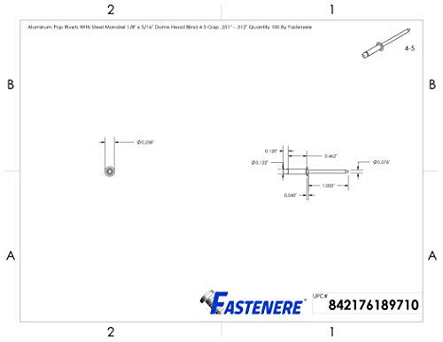Fastenere Pop Rivets 1/8" x 5/16" (100 pcs) Aluminum Body Steel Mandrel, Heavy Duty, Open End, Low Carbon, Dome Head Blind Rivets, Corrosion Resistant & High Shear Strength, 4-5 Gap .251" - .312" - size: 1/8" x 5/16" (4-5) (100 Pack)
