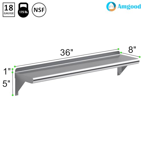 AmGood 8 in. x 36 in. Stainless Steel Wall Shelf with Backsplash - Holds 175 lbs - NSF 18-Gauge, Bullnose Edge | Shelf Over Stove, Coffee Station & Laundry - size: 8 in. x 36 in.