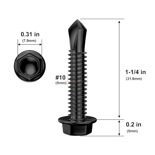 Wensilon (200Pcs)#10×1-1/4" Black Hex Washer Head Self Drilling Screws, 410 Stainless Steel Metal SheetScrews,TEK Screws, Sheet Metal Self Tapping Screws - color: Black, size: #10x1-1/4"