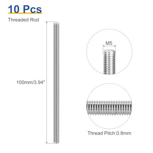 uxcell 10Pcs M5 x 100mm Fully Threaded Rod 304 Stainless Steel Right Hand Threads Bar Studs for Anchors Bolts, Clamps, Hangers and U-Bolts, 0.8 Thread Pitch - size: M5 x 100mm