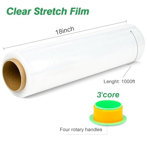 4 Pack Industrial Strength Clear Stretch Wrap Film 18" x 1000 Ft 80 Gauge Thick with Plastic Handle, Durable Self-Adhering Heavy Duty Shrink Plastic Wraps for Pallets Moving & Packing - color: Clear