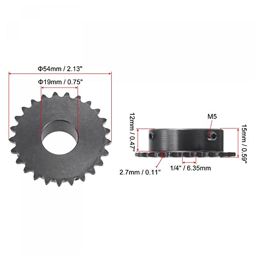 uxcell 25 Tooth Roller Sprocket B Type, #25 Chain, Single Strand 1/4" Pitch, 19mm Bore Black Oxide C45 Carbon Steel with Set Screws for ISO 04C - size: 19mm