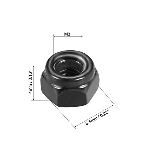 uxcell Hex Lock Nuts - M3 x 0.5mm Carbon Steel Nylon Insert Self-Locking Nuts for Fasteners, 50Pcs Black - size: M3 x 0.5mm