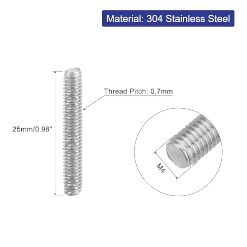 uxcell 8Pcs Fully Threaded Rod, M4 x 25mm 304 Stainless Steel Right Hand Thread Bar Studs M4-0.7 Thread Pitch for Furniture Machinery Assembly - size: M4 x 25mm
