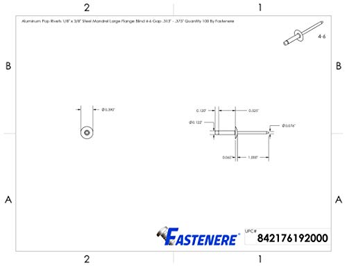 Fastenere Large Flange Pop Rivets - 1/8" x 3/8" (100 Pack) Aluminum Body Steel Mandrel, Heavy Duty Dome Head Blind Rivets, Open End 4-6 Gap .313" - .375" - Corrosion Resistant, High Shear Strength - size: 1/8" x 3/8" (4-6) (100 Pack)