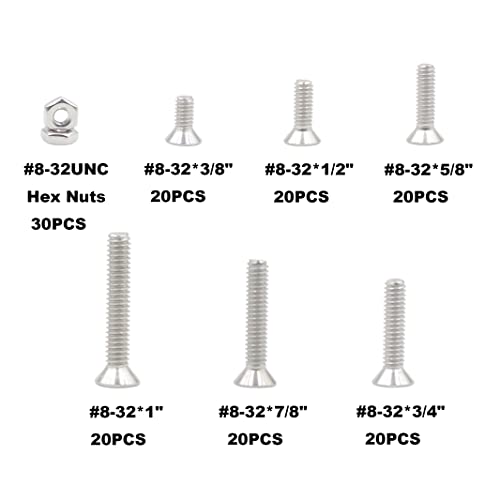 150PCS #8-32 UNC 304 SS Phillips Flat Head Machine Screws Nuts Kit - size: #8-32UNC