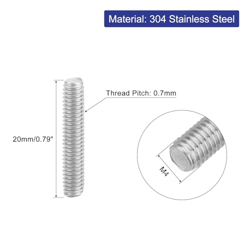 uxcell 8Pcs Fully Threaded Rod, M4 x 20mm 304 Stainless Steel Right Hand Thread Bar Studs M4-0.7 Thread Pitch for Furniture Machinery Assembly - size: M4 x 20mm