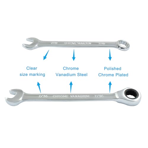 7/16 Inch Ratcheting Wrench 2 Pcs 72-Tooth 12-Point Chrome Plated - size: 0.44 Inch