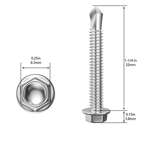 Wensilon (200Pcs) #8×1-1/4" Hex Washer Head Self Drilling Screws, 410 Stainless Steel Metal SheetScrews,TEK Screws, Sheet Metal Self Tapping Screws - color: Silver, size: #8×1-1/4"