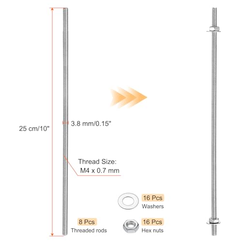 uxcell 8pcs 8/32 Inch M4 Threaded Rods with 40pcs Hex Nuts and Washers 10 Inch 201 Stainless Steel Full Threads Right-Hand Thread for Hangers, U-Bolts, Beaded Garden Stake Rods, Silver - size: 10 Inch