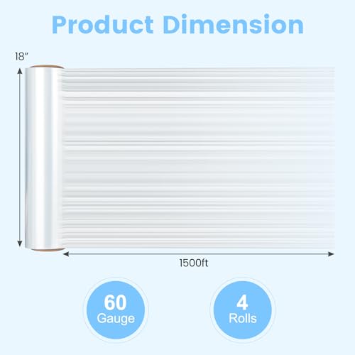 18" x 1500 ft Stretch Film, 60 Gauge Heavy Duty Shrink Film Stretch Wrap, 4 Pack Shrink Wrap Roller for Packing, Moving Supplies, Furniture & Pallets - size: 4 Rolls