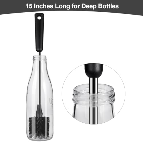 Water Bottle Brush with Straw Cleaner, 15 Inches Stainless Steel Handle Baby Bottle Brush Cleaner, Kitchen Scrub Cleaning Brushes for Cup, Wine Glasses, Coffee Mugs, Tumblers, Wine Decanters, Black - style: Bottle Brush With Straw Brush