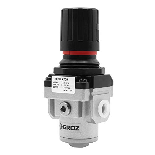 Groz Air Pressure Regulator, Intermediate 1/4" NPT, 56 CFM / 1600 LPM, 7-145 PSI Adjustable, 220 PSI Max, ISO 6953-1, Aluminum Die-Cast Press-to-Lock Knob for Pneumatic Tools and Compressors (60052)