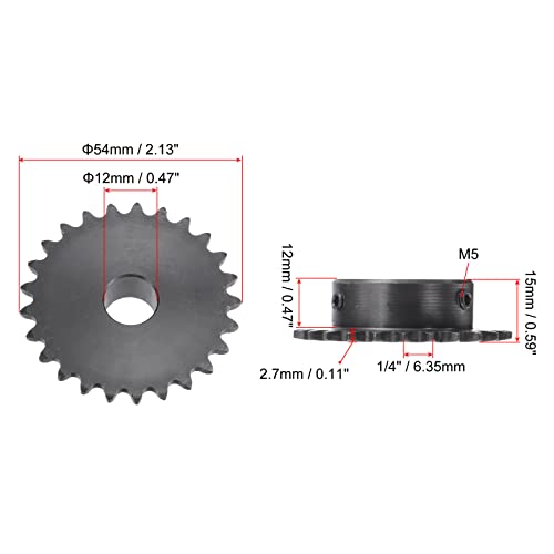 uxcell 25 Tooth Roller Sprocket B Type, #25 Chain, Single Strand 1/4" Pitch, 12mm Bore Black Oxide C45 Carbon Steel with Set Screws for ISO 04C - size: 12mm