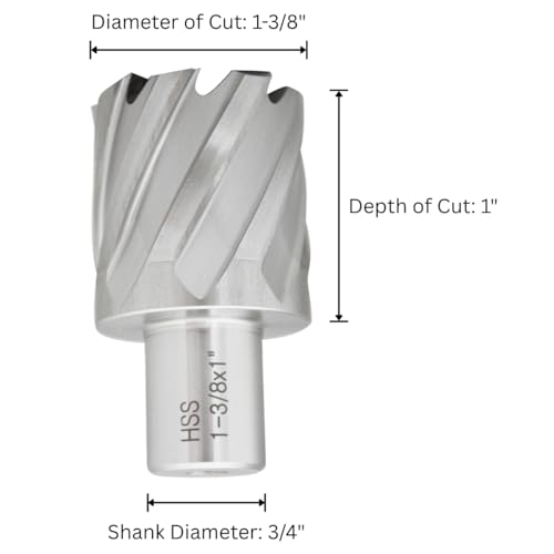 Accusize HSS Annular Cutter 1-3/8 x 1 in Cutting Depth, 3/4" Weldon Shank - size: Dia of Cut: 1-3/8 in., 3/4 in. Weldon Shank