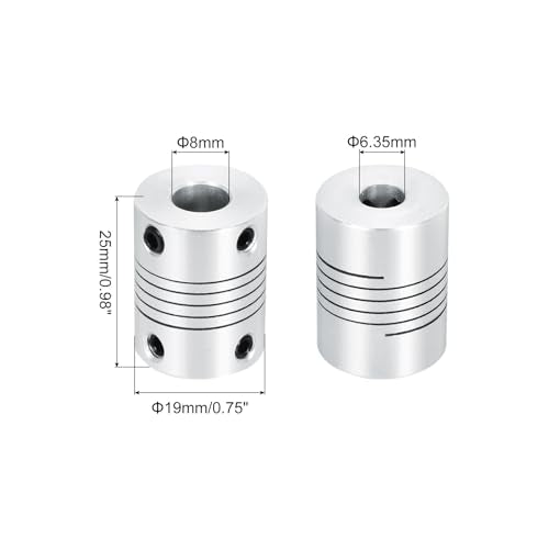 uxcell 2Pcs 6.35mm to 8mm Aluminum Alloy Shaft Coupling L25xD19 Flexible Coupler Beam for 3D Printer CNC Machine DIY Encoders and Motors Shaft,Silver - size: 6.35mm to 8mm