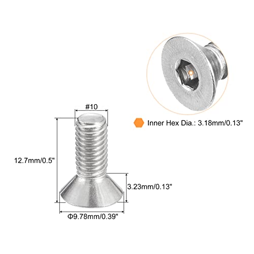uxcell #10-32x1/2 Flat Countersunk Head Socket Cap Screws, 50Pcs 304 Stainless Steel Hex Socket Flat Head Screws, Full Thread, Countersunk Bolts - size: #10-32x1/2"